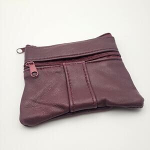 Maroon Leather Zip Coin Pouch Minimalist Soft Leather Small Wallet New Travel